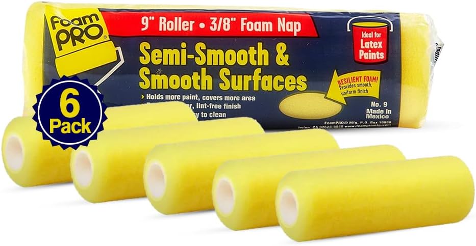FoamPro 9 Paint Roller Cover for Semi-Smooth Surfaces | High Capacity Foam Roller Cover | House Painting Supplies for Walls | 9” x 3/8″ | 6-Pack