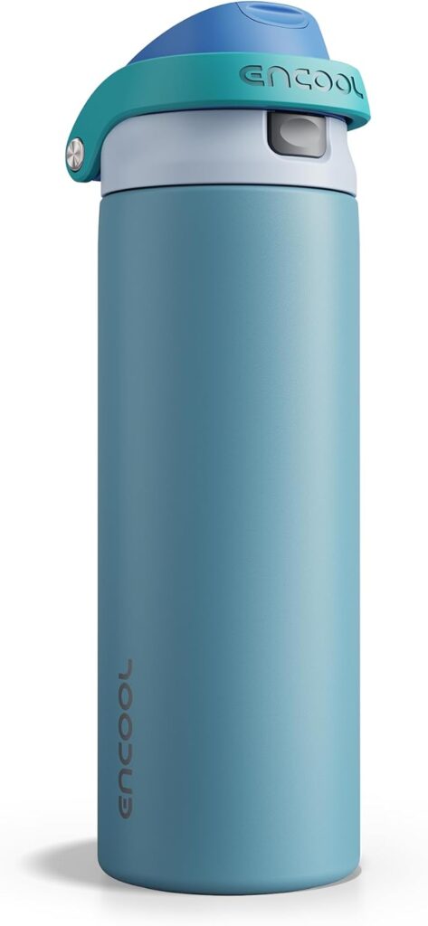 Encool Insulated Stainless Steel Water Bottle with Straw – Leak Proof Sports Water Bottle for School, Travel, Keeps Cold All Day, One-Touch Flip Lid, BPA-Free, 24 oz, Teal Blue