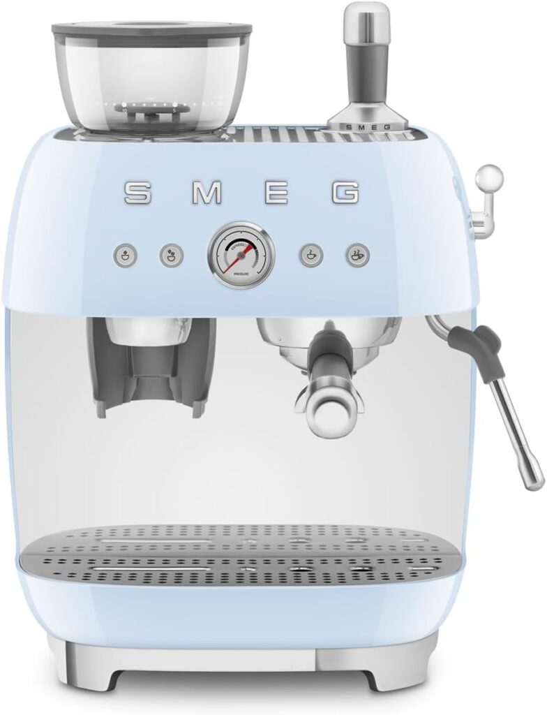 Smeg EGF03 Semi-Automatic Espresso Machine with Built-In Grinder, Dual Thermoblock, 50’s Retro Style – Pastel Blue (120 V)