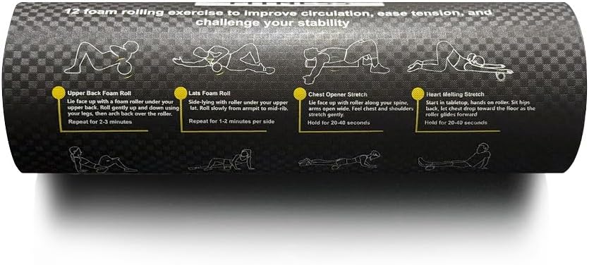 Fitness Foam Roller with Printed Exercises – 17”x 6” Lightweight EPE/PE Exercise Roller Foam – Includes 12 Guided Stability, Mobility & Recovery Moves – Dual Color Instructional Design
