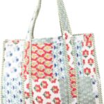 Quilted Large Cotton Fabric Tote Bag For Travel Grocery Shopping Weekend Trips with Inside and Outside Pocket