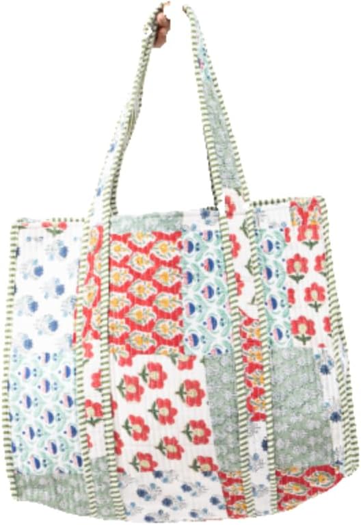 Quilted Large Cotton Fabric Tote Bag For Travel Grocery Shopping Weekend Trips with Inside and Outside Pocket