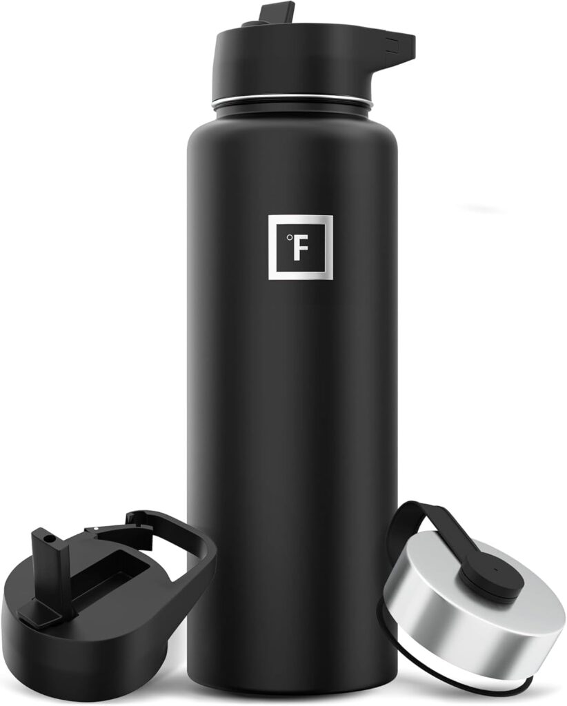 IRON °FLASK Camping & Hiking Hydration Flask with 3 Lids – Stainless Steel, Double Walled & Vacuum Insulated Water Bottle – Leak Proof & BPA Free (Midnight Black, Straw – 40 oz)