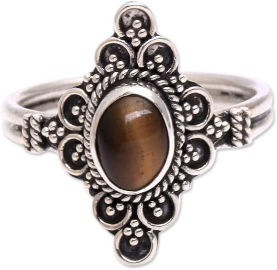 NOVICA Artisan Handcrafted Tigers Eye Cocktail Ring from Bali .925 Sterling Silver Indonesia Gemstone ‘Daydream Temple’