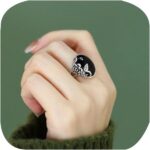 FLYYQMIAO Artisan Handmade Onyx Cocktail Ring Crafted Floral Oval Black Obsidian Stone Rose Flower Leaf Dainty S925 Silver Gemstone Statement Gift for Women Her Anniversary Victorian Open Ring