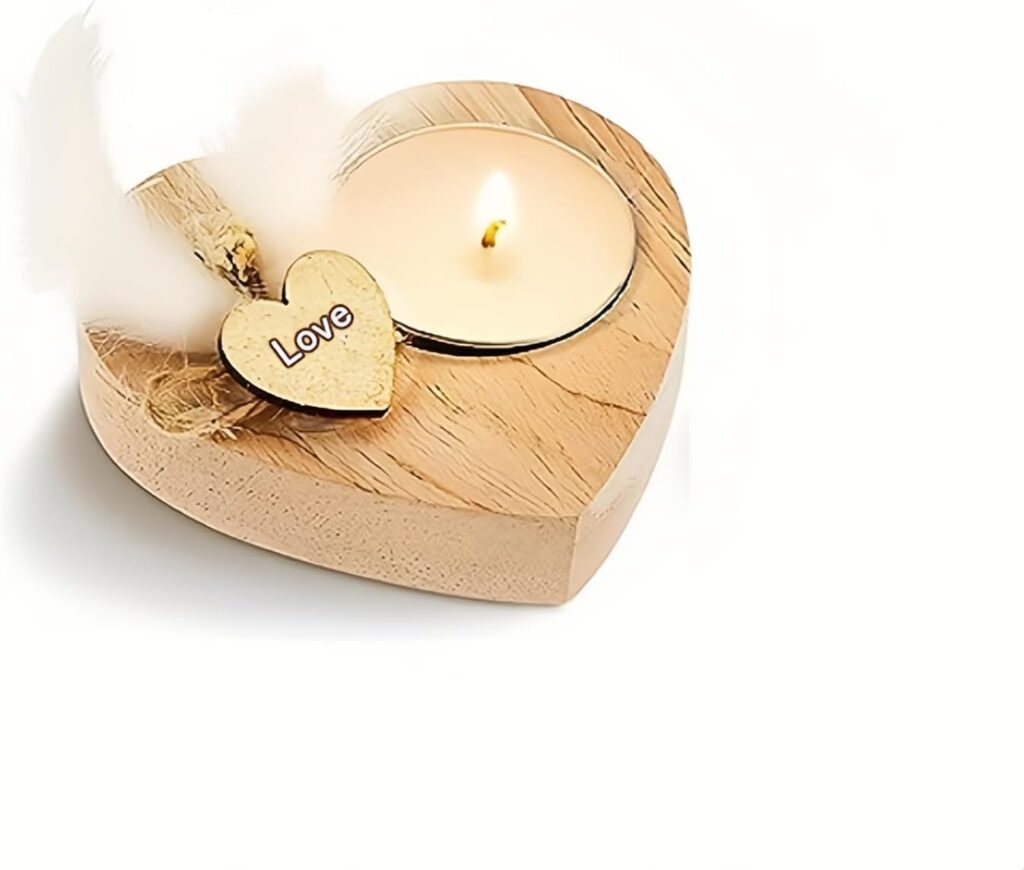Handmade Heart-Shaped Wooden Candle Holder with White Feather， Natural Soy Wax Candle,Love Charm，Eco-Friendly Romantic Home Decor Gift for Wedding, Anniversary, Valentine’s Day