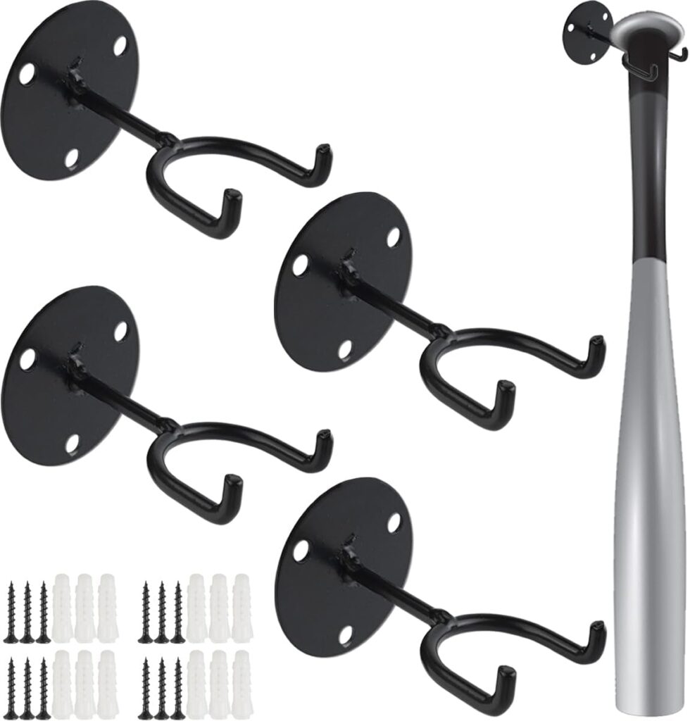 TIHOOD 4PCS Baseball Bat Holder – Black Vertical Wall Mount Display Stand for Man Cave Decor & Sport Memorabilia Storage