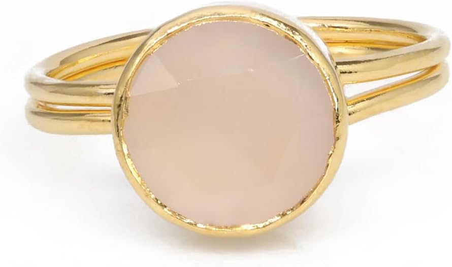 Rose Quartz, Moonstone, Round Gemstone Rings, Sterling Silver 92.5, Assorted Stones, 10 mm, Adjustable Shank US Scale Size 6-8