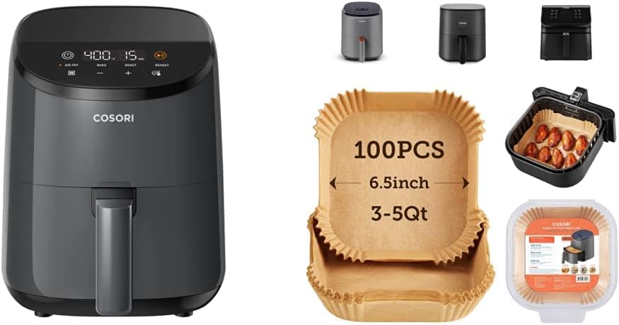 COSORI Small Air Fryer Oven 2.1 Qt, 4-in-1 Mini Airfryer, Space-saving & Low-noise, Nonstick and Dishwasher Safe Basket, 30 In-App Recipes & Air Fryer Liners, 100 PCS Square Disposable Paper Liners