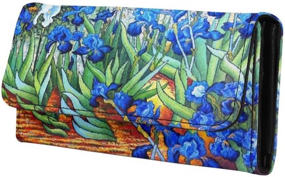 Art PU Leather Trifold Wallet for Women, Painting Irises Clutch Wallet Handcrafted Stitching Ladies Credit Card Holder Zipper Pocket Long Wallet