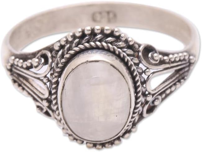 NOVICA Artisan Handmade Rainbow Moonstone Singlestone Ring from Bali .925 Sterling Silver Indonesia Gemstone ‘Princess Gem’