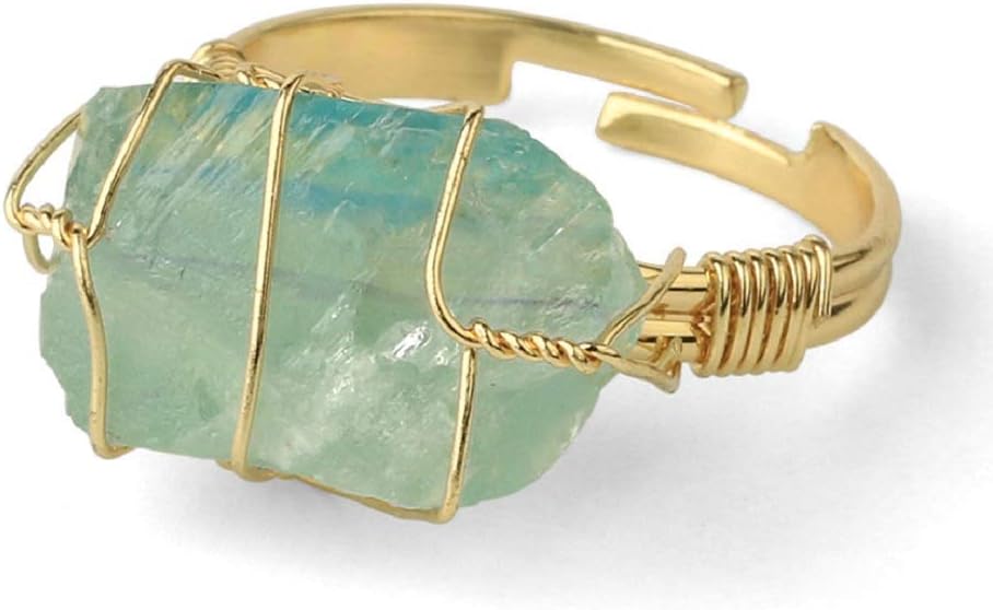 COLORFUL BLING Raw Healing Crystal Natural Stone Ring Statement Copper Wire Wrapped Irregular Crystal Gemstone Adjustalble Ring Jewelry for Women