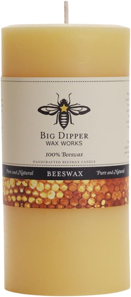 Big Dipper Wax Works Large Beeswax Pillar Candle, Hand-Poured 100% Pure Beeswax with Cotton Wick, Unscented Clean Burn with Natural Honey Aroma, Long-Lasting 90-Hour Burn, 3″ x 6″