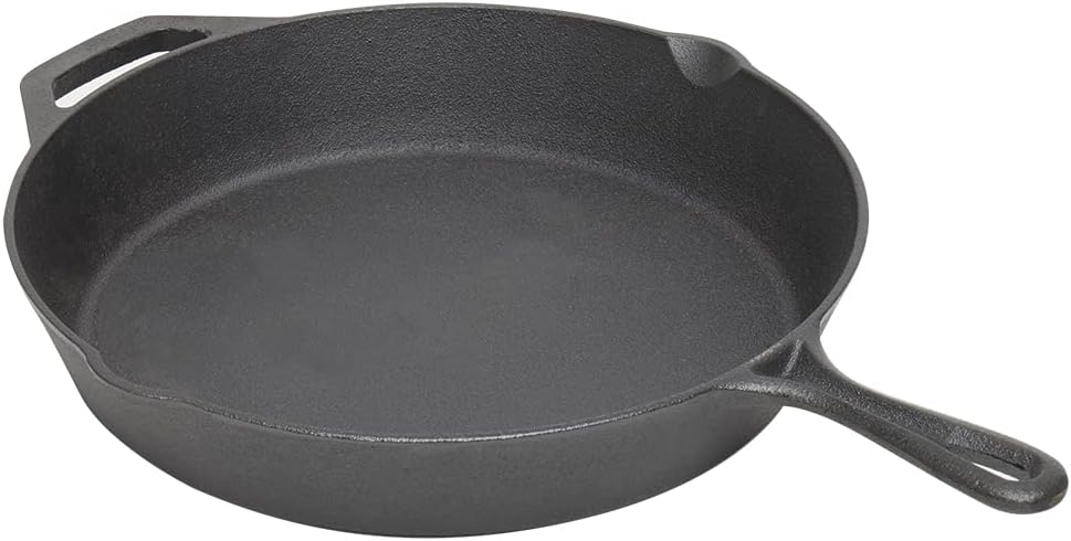 Home Basics 12″ Cast Iron Skillet (Black) Frying Pan For Pancakes, Meat, and Fish | Large Skillet For Stovetop and Campfire | Nonstick With Pour Spouts