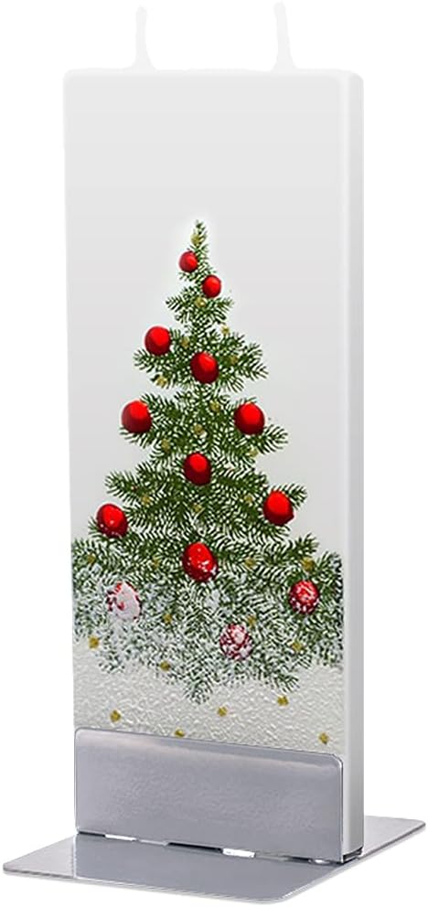 FLATYZ Handmade Christmas Candle – Classic Tree & Ornaments | Unscented, Drip-Resistant & Smoke-Free 2 Wick Candle for Home & Room Decor | Hand Painted, Flat Decorative Candles | Steel Stand Included