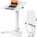 JOY worker Foldable Mobile Standing Desk, Height Adjustable Sit Stand Desk, 90° Tiltable Rolling Laptop Table, Portable Workstation with Wheels Non-Slip Mat for Home Office, Holds Up to 22lbs, White