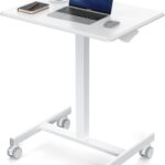 DUMOS Small Standing Desk Mobile Portable Rolling Laptop PC Table on Wheels Adjustable Height Computer Workstation for Home Office, 19 Inch, Modern White
