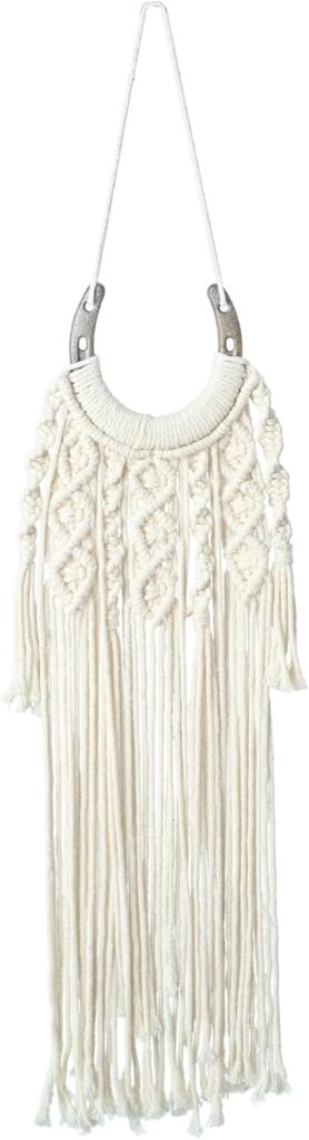 W Wellshine Macrame Equestrian Wall Hanging, Handmade Equestrian Themed Wall Art Decoration, Horseshoe Macrame Wall hanging, Boho Decor Horse Lover Décor (White A)