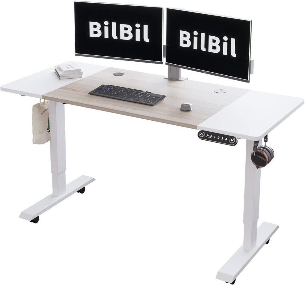 bilbil 55 x 24 Inches Electric Height Adjustable Standing Desk, Smart Home Office Stand Up Desk – Memory Settings – Solid Top – Double-Beam Construction – Anti-Collision Technology