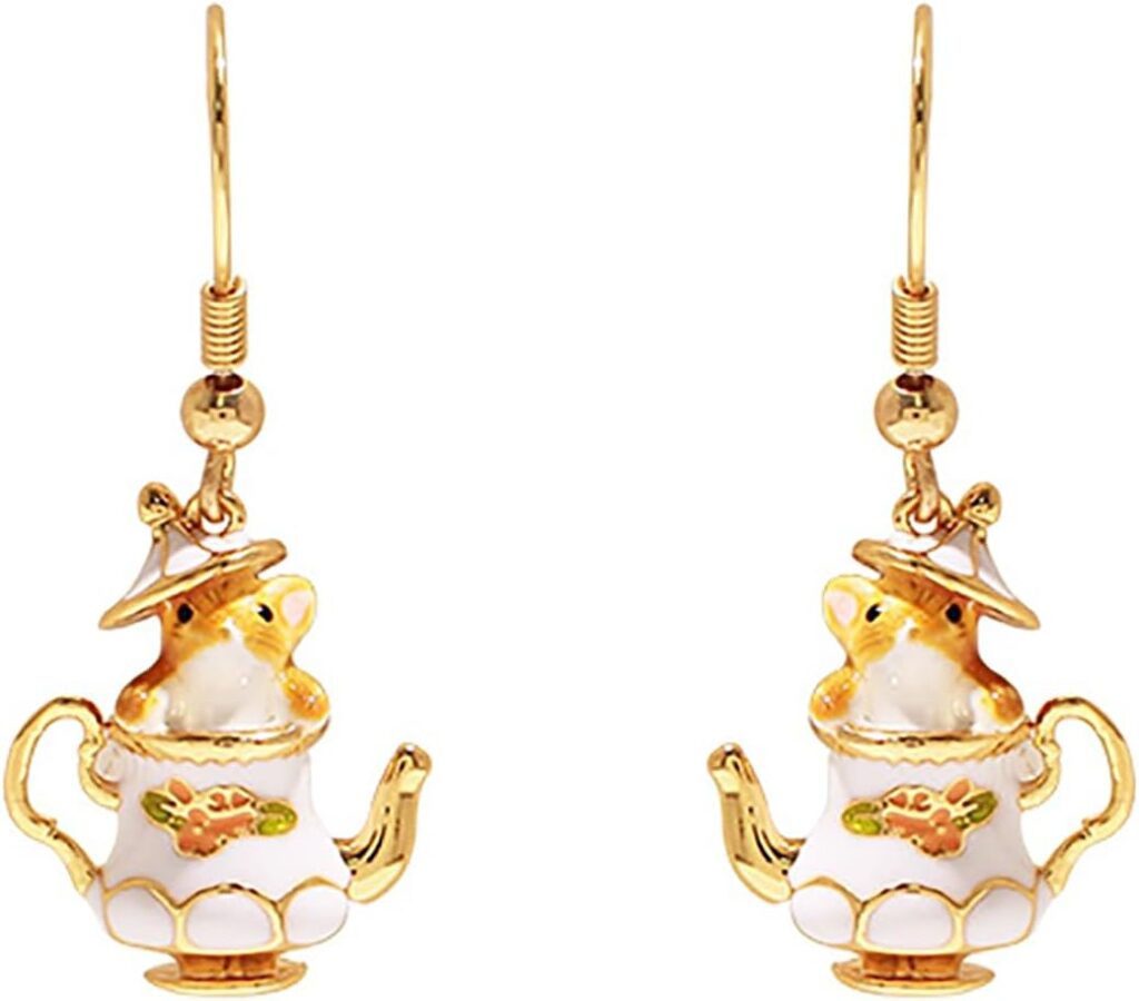 CEAeis Mouse In Teapot Necklace And Earrings Set, Handmade Enameled Chipmunk Earrings, Cartoon Teacup Earrings for Women