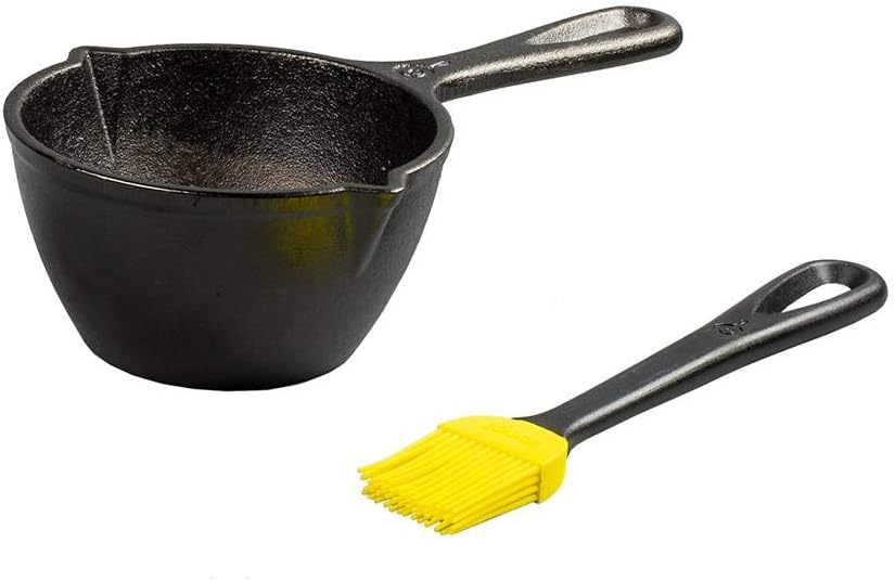 Lodge 15.2 Ounce Cast Iron Melting Pot + Silicone Basting Brush – Unparalleled Heat Retention – Heat Resistant Basting Brush up to 450° – Black and Yellow