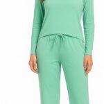 Women’s Pajama Set – Soft Knit Long Sleeve Top & Flared Pants with Pockets – Scoop Neck Lightweight Sleepwear