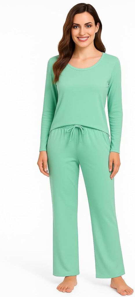 Women’s Pajama Set – Soft Knit Long Sleeve Top & Flared Pants with Pockets – Scoop Neck Lightweight Sleepwear