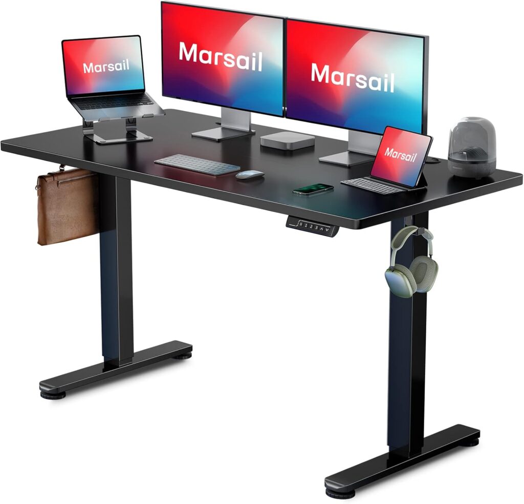 Marsail Electric Standing Desk Adjustable Height, 48 x 24 Inch Sit Stand up Desk for Home Office Furniture Computer Desk with 3 Memory Presets, Headphone Hook, Black