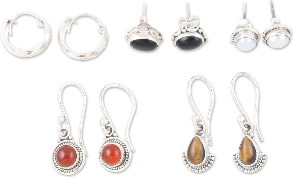 NOVICA Artisan Handcrafted Multi Gemstone Dangle Earrings | Polished Finish Sterling Silver | Multicolor Hoop Button | Cultured Pearl | Onyx | Carnelian | Lead & Nickel Free | ‘Precious Styles’ (Set