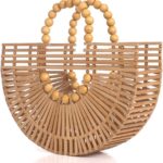 Womens Bamboo Handbags with Wooden Beads Tote Bag, Handmade Straw Bag for Summer Beach