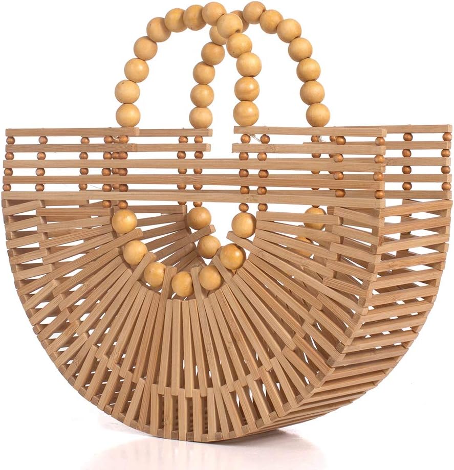 Womens Bamboo Handbags with Wooden Beads Tote Bag, Handmade Straw Bag for Summer Beach