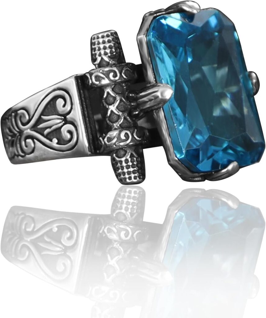 BayVog Solid 925 Sterling Silver Aquamarine Stone Men’s Ring, Handmade Silver Ring for Men, Aquamarine Ring with Floral Design, March Birthstone Ring, Natural Gemstone Ring