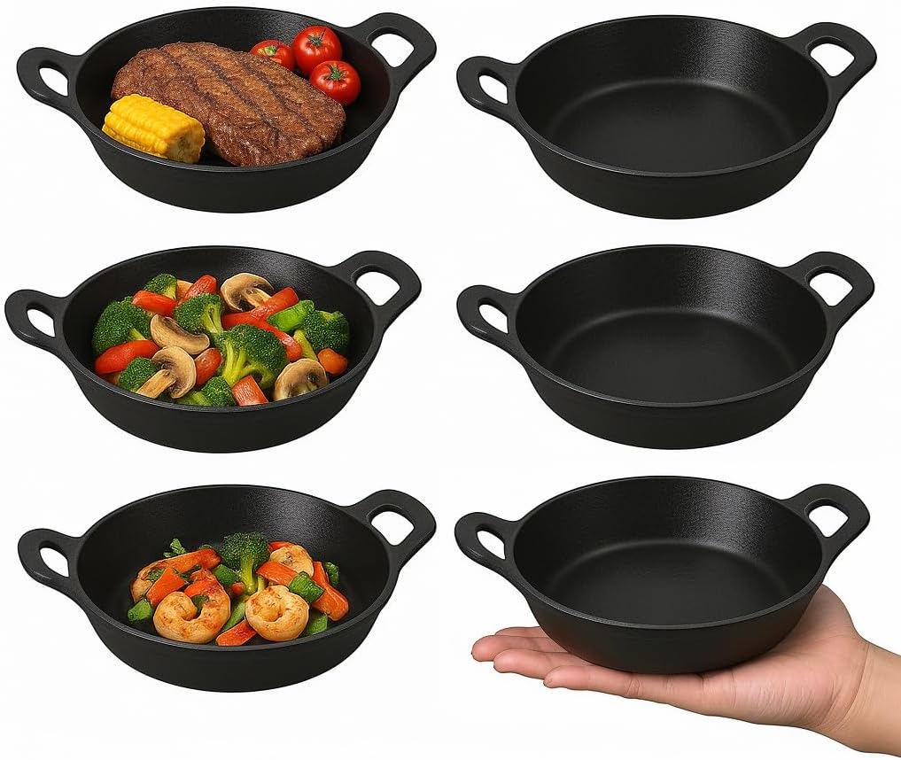 Mini Cast Iron Skillets Set of 6, 5 x 5 x 1.3 Inch Small Cast Iron Pan with Handles, Mini Ramekins Round Black Casserole Dish Cookware Small Skillets for Serving Food Frying Baking Cooking Roasting