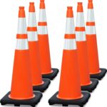 6 Pack 36″ Large-Sized PVC Traffic Cones with Heavy-Duty Black Base, Garage Parking Lot Cones Structurally Stable Weatherproof Road Construction Safety Cones (6, Orange, 36″ Extra Large)