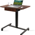 CLATINA Mobile Laptop Standing Desk, Height Adjustable Teacher Podium with Lockable Wheels, Adjustable Work Table with Drawer, Computer Cart Overbed Table for Home Office Classroom, Brown