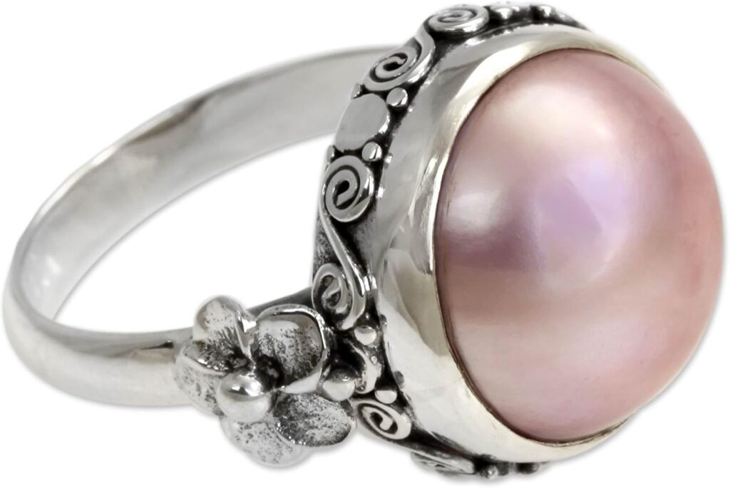 NOVICA Artisan Handmade Pearl Flower Ring Floral Sterling Silver Cocktail Pink Indonesia Birthstone [crownbezel 0.4 in H x 0.6 in Diam. Band Width 3 mm W] ‘Love Moon’