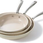 Redchef Nonstick Frying Pans Set, Ceramic Pan Skillet, Non Toxic Pans for Cooking, 8″ 9.5″ 11″ Ceramic Frying Pan Set PFAS & PTFE & PFOA Free with Stay Cool Handle, Dishwasher & Oven Safe, Beige White