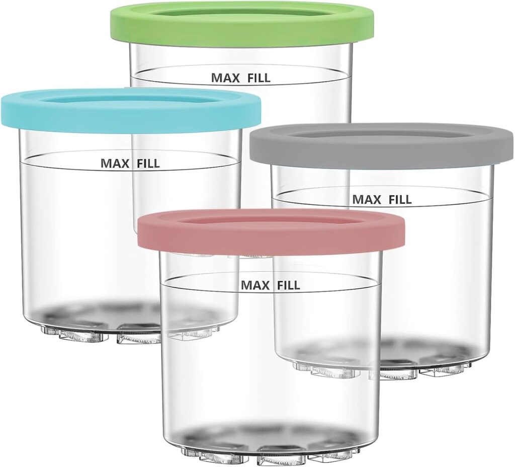 Ice Cream Containers Replacement for Ninja Creami Pints and Lids 16oz Compatible with NC300 NC301 NC299AMZ BPA-Free Dishwasher Safe Airtight Leaf-Proof Pack of 4 Pink Green Blue Grey