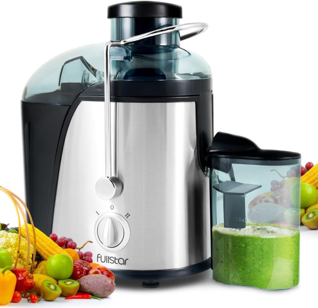 Fullstar Juicer Machines Vegetable and Fruit, 400W Compact Juicer, 3″ Wide Mouth, 2-Speed Setting, Stainless Steel, BPA-Free (Black)