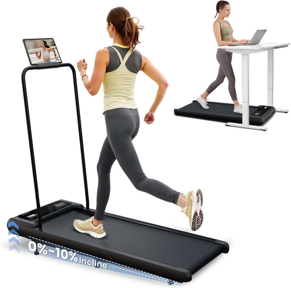 Walking Pad Treadmill with 10% Incline, 2.5HP Under Desk Treadmill 450LBS Capacity LED Display, 4 in 1 Portable Small Treadmills with Handle Bar for Home Office Black