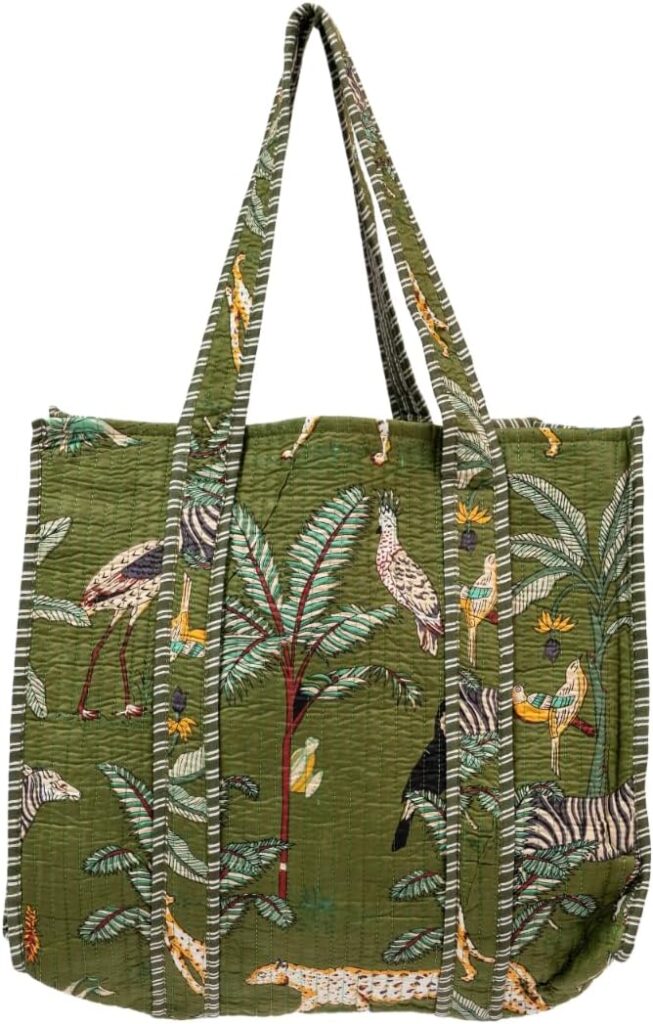Quilted Large Cotton Fabric Tote Bag Travel Grocery Shopping Weekend Trips with Inside Pocket -Tropical Safari