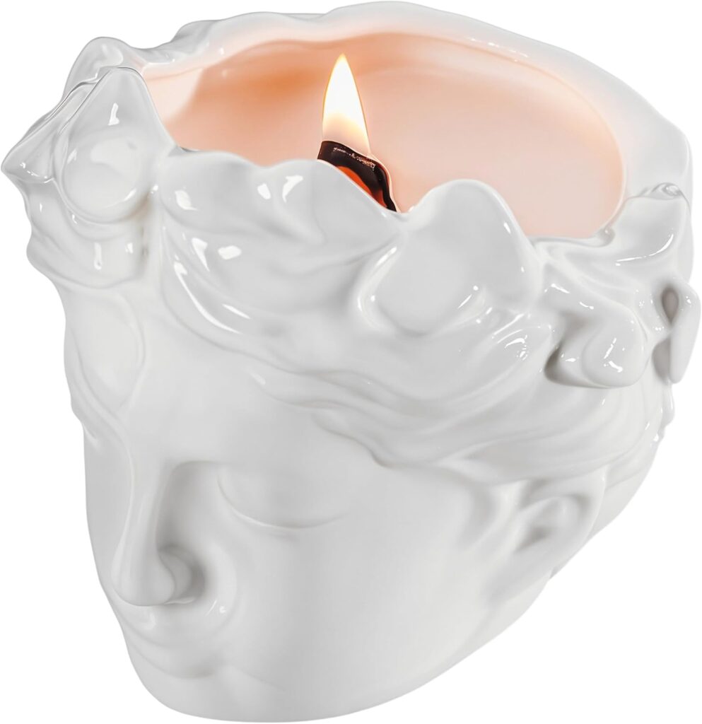 Wood Wick Candles That Crackle Like Fireplace – Anthropologie Vintage Greek Bust Face Sculpture Ceramic Candle – Classical Style – Dark Academia Decor – Lavender Aromatherapy Soy Wax – Reusable Gift