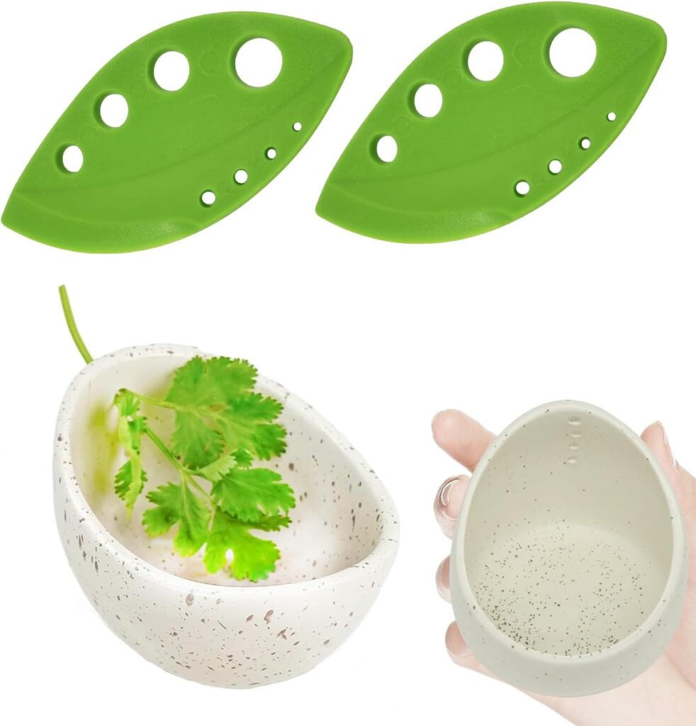 Pottery Herb Stripper Bowl, Handmade Ceramic Herb Stripper with 2 Tools, Different Sizes Holes for Parsley, Rosemary, Collard Greens, Kitchen Gadget for Separating Leaves and Stems(3-Piece Set)