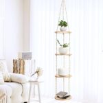 Hemp Rope Hanging Plant Shelf from Ceiling for Narrow Space Boho Hanging Plant Shelves, Natural Pine Wooden Plant Stand Display for Indoor, Outdoor, Corner, Balcony, Living Room and Bedroom