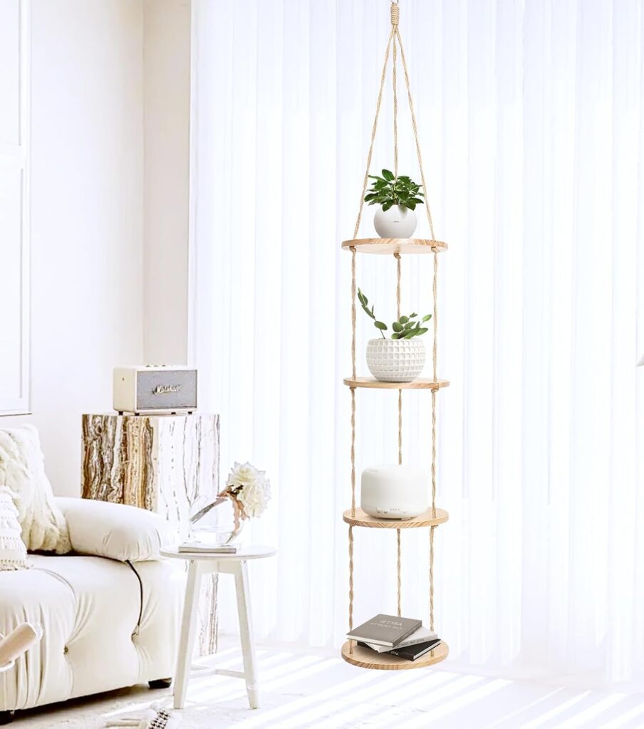 Hemp Rope Hanging Plant Shelf from Ceiling for Narrow Space Boho Hanging Plant Shelves, Natural Pine Wooden Plant Stand Display for Indoor, Outdoor, Corner, Balcony, Living Room and Bedroom