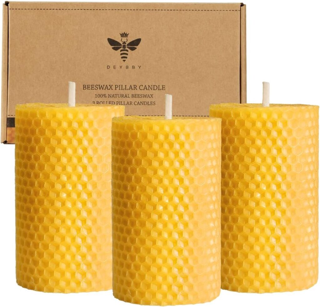 Beeswax Pillar Candles Set of 3 – Handmade Pure Beeswax Rolled Candles for Gift & Home Decor (2×3.3 in)