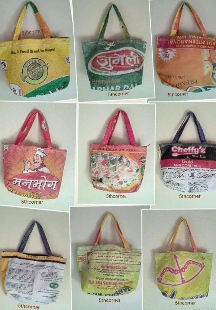 Karma Handicrafts RECYCLED Rice Sack Shopping Purse Small Tote Handmade Nepal Fair Trade