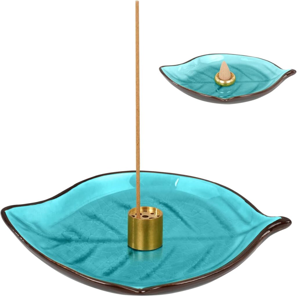 Incense Holder for Sticks (9 Holes) and Cones, Handmade Ceramic Incense Ash Catcher for Meditation, Yoga, SPA Days, Relaxing, Home Decor, Candle Holder, Easy to Clean, Leaf-Shape (Blue)