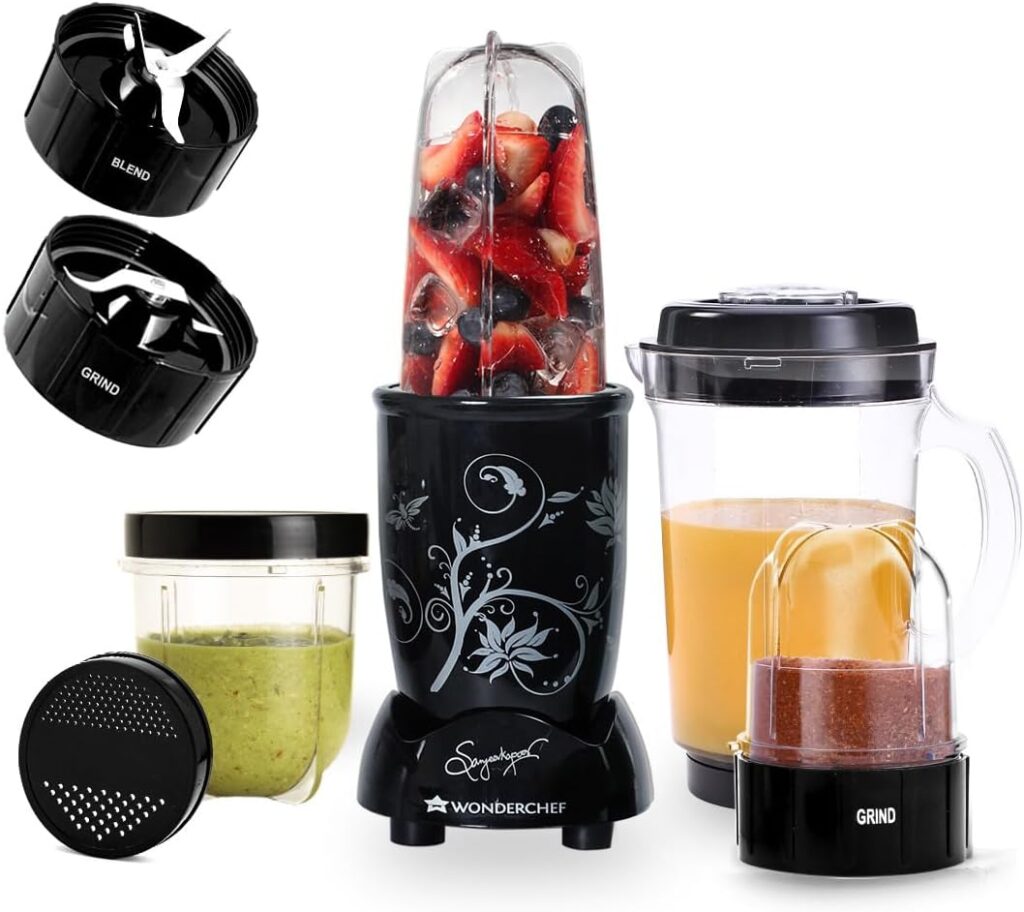 Wonderchef Nutri-blend Juicer, Mixer, Grinder, Blender & Smoothie Maker 500W 22000 RPM Full Motor Unbreakable Jars Recipe book by Chef Sanjeev Kapoor 2 Jar, 3 Jar Black