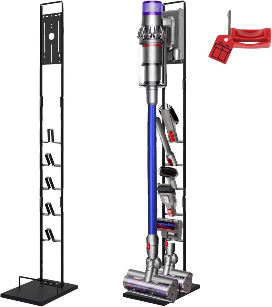 Vacuum Stand for Dyson V6, V7, V8, V10, V11, V12, V15 Cordless Cleaners – Heavy Base Metal Bracket Holder with Trigger Lock, On/Off Control Clamp, Accessory & Attachment Storage